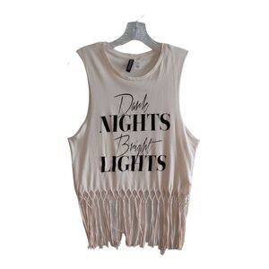H & M  Fringed Cropped Top T Shirt Small Off White Dark Night Bright Lights
